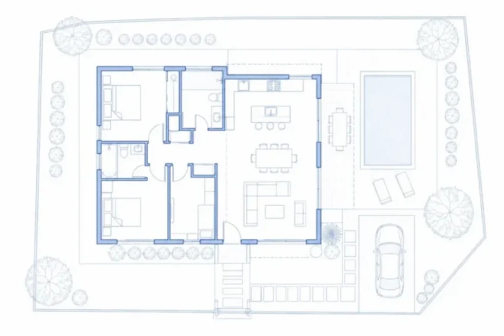 Residential site plan showing a house layout, driveway, swimming pool, landscaping, and property layout for permit planning.