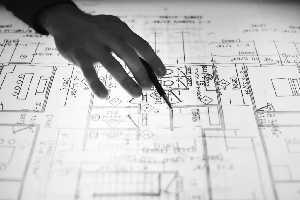 Architect reviewing a residential floor plan with a pen on detailed construction drawings for permit planning.