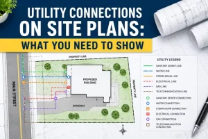 Utility connections site plan showing property lines, and utility legend.