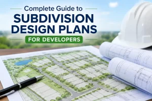 Subdivision design plan with residential lot layout, blueprints, model house, and planning tools for developers.