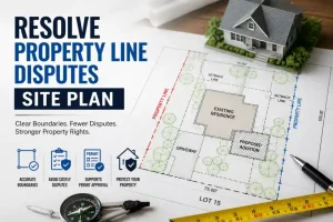 Property line disputes site plan showing property boundaries, setback lines, proposed addition, driveway, and legal lot layout for permit approval.