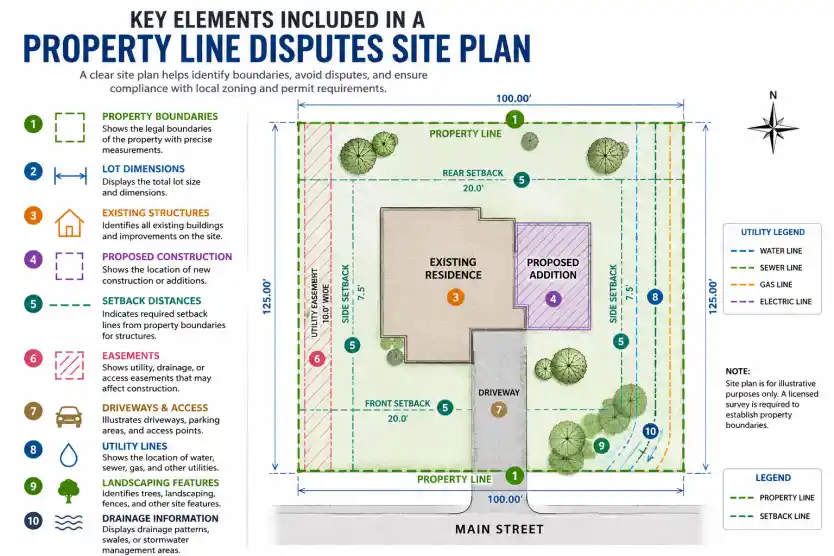 Key elements included in a property line disputes site plan showing property boundaries, lot dimensions, setback distances, easements, utility lines, driveway, landscaping, and drainage information.
