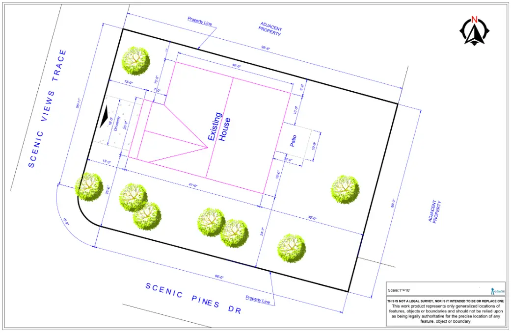 Residential site plan showing an existing house, property boundaries, setbacks, driveway, trees, and lot dimensions for permit approval.