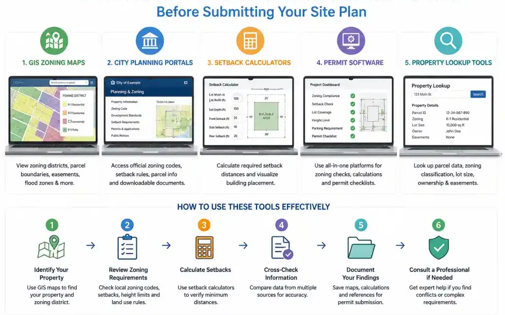 Top online zoning and setback checker tools including GIS maps, planning portals, and calculators used for site plan approval