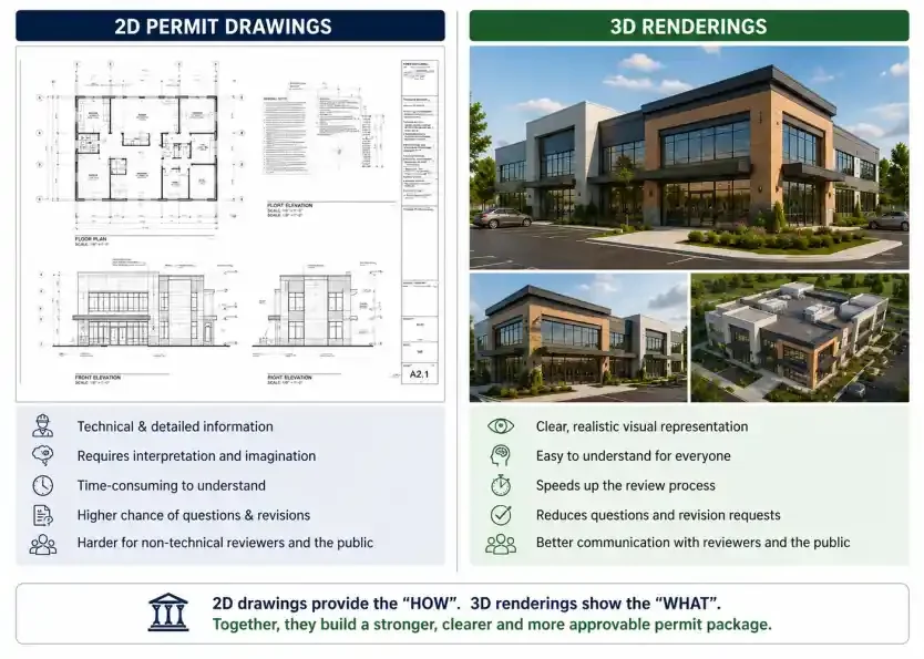Side-by-side comparison of 2D architectural drawings and 3D building renderings showing design visualization differences