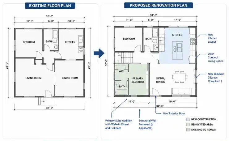 Professional floor plan for home renovation permit approval with room layouts and construction details.