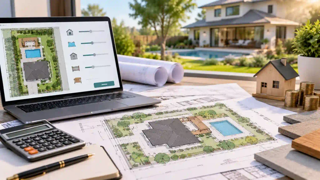 Site plan cost calculators with architectural drawings and residential project plans