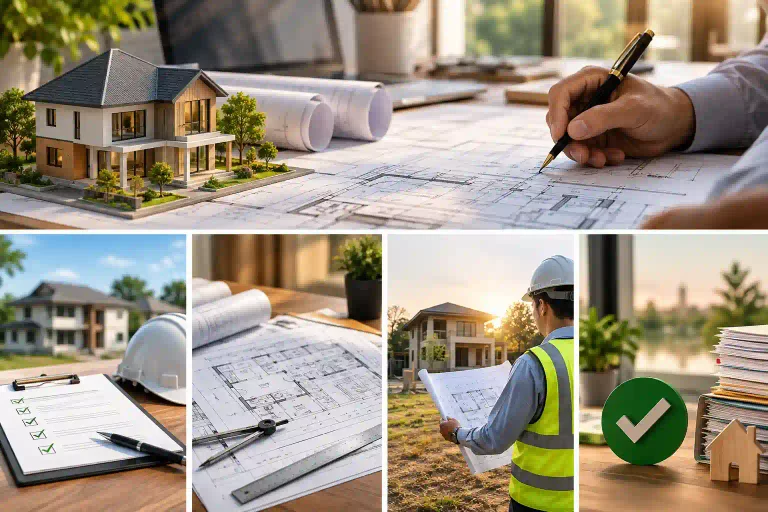 Permit application documents with site plans, floor plans, elevation drawings, and architectural blueprints