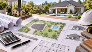 Residential site plan costs with architectural blueprints, property layouts, and residential construction planning