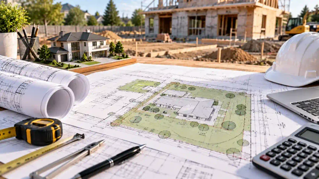 Site plan pricing with architectural drawings and residential construction planning
