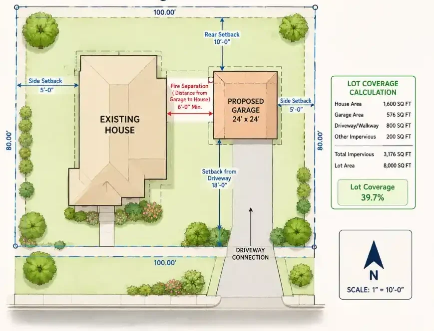 Detailed site plan for garage permit showing property boundaries, existing house, proposed garage location, setbacks, driveway connection, and lot coverage calculation.