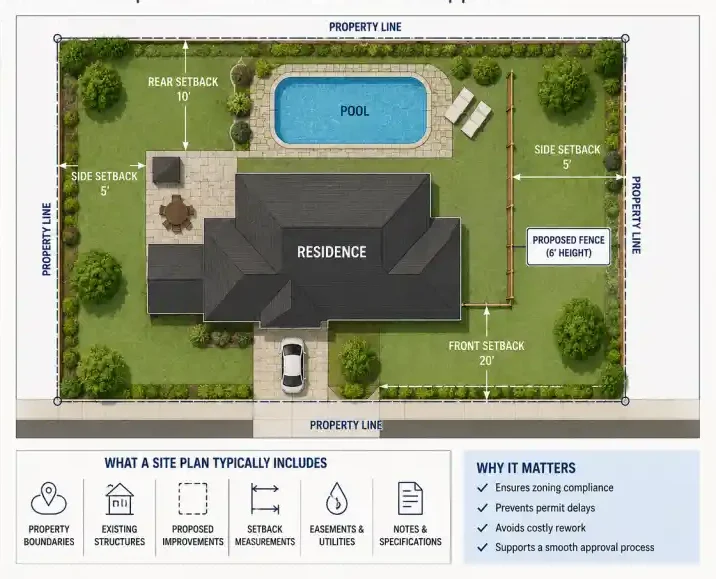 Residential site plan showing a house, swimming pool, property lines, setbacks, and a proposed fence for permit approval.