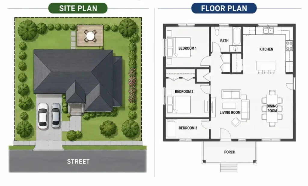 Site plan vs floor plan comparison showing a property layout, house footprint, driveway, and interior room arrangement