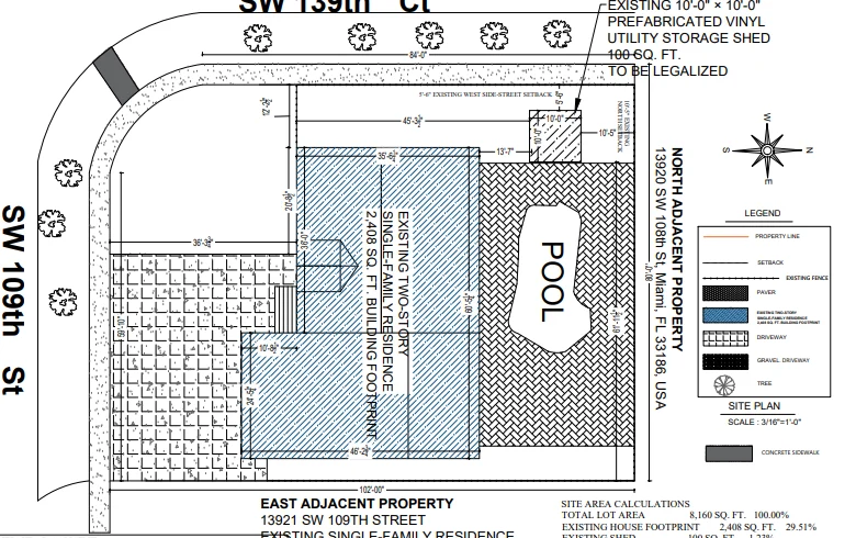 Original project drawing excerpt: Existing Shed Permit Legalization and Setback Review